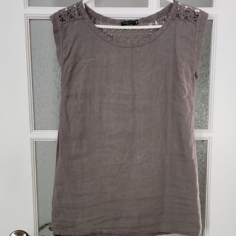 Linen Blend Crochet Shoulder Tank Top - Taupe